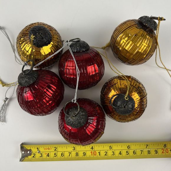 Vtg Kugel Style Thick Mercury Glass Scarlet Red &‎ Amber Ball Ornaments Set/6 - Picture 12 of 12